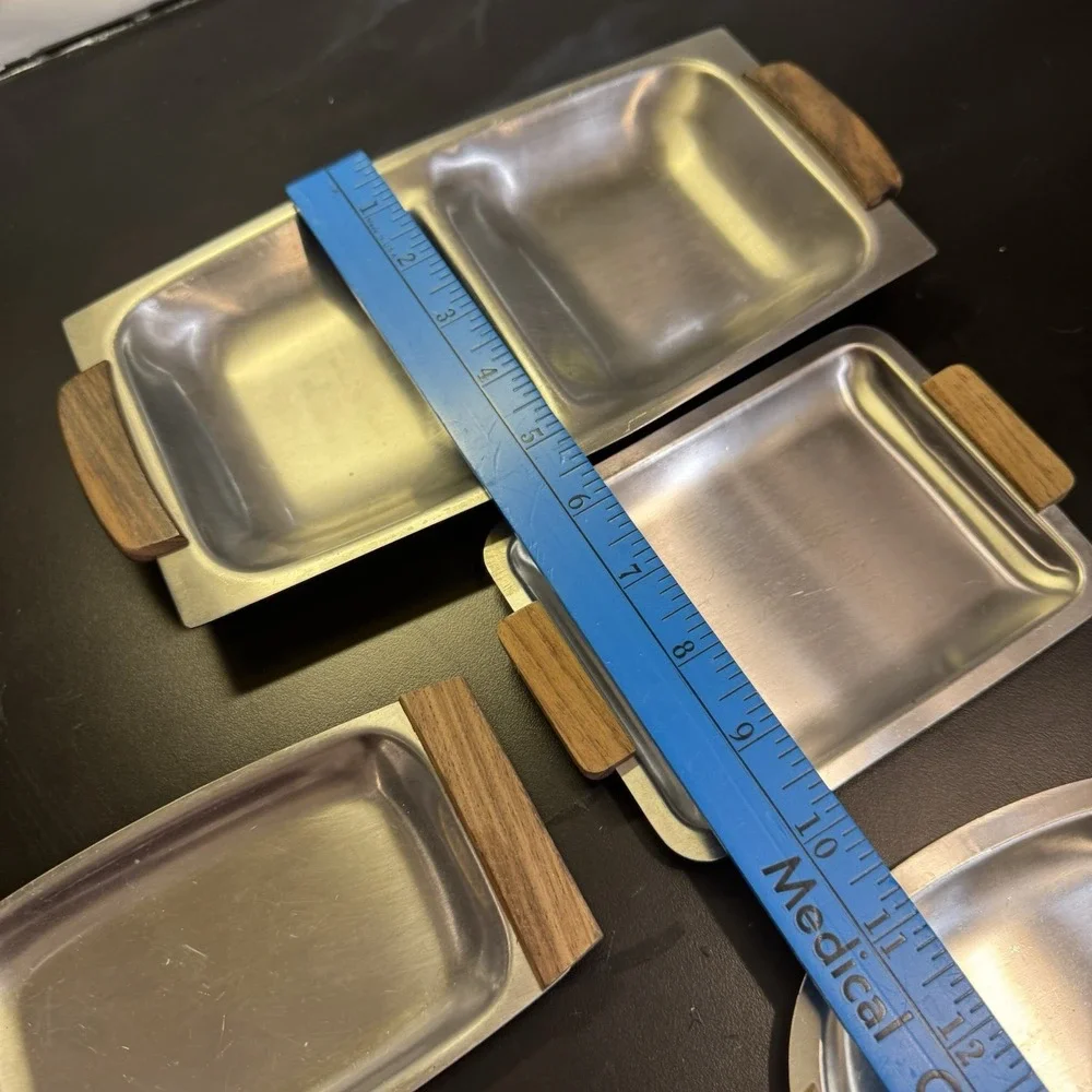 Vintage Imperial‎ Japan Relish Dish Tray Wooden Handles Set Of 5 Stainless MCM